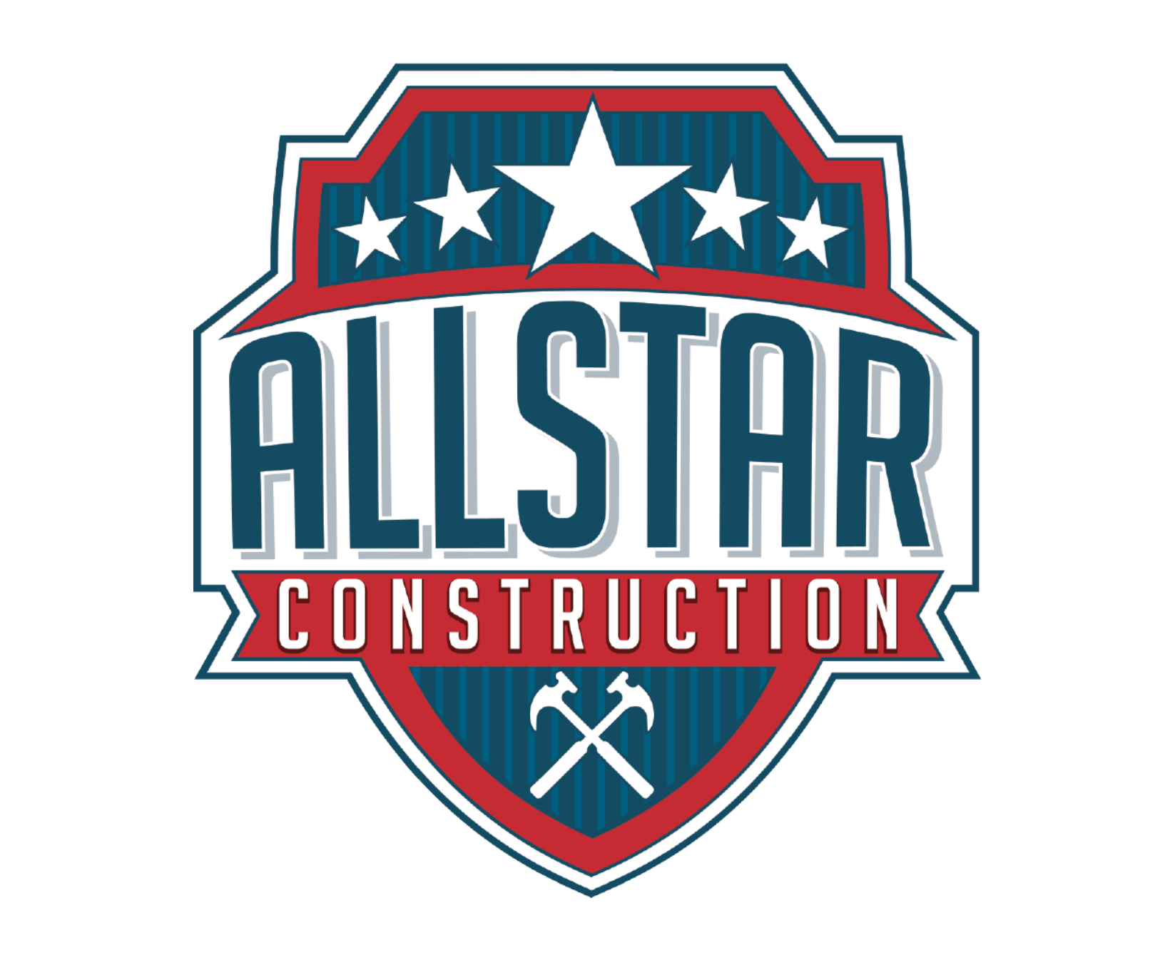 A logo for Allstar Construction features a shield design with red, white, and blue colors. The top section displays three stars above a larger star, with "ALLSTAR" in bold white letters below, and "CONSTRUCTION" in red letters at the bottom, flanked by two crossed hammers.